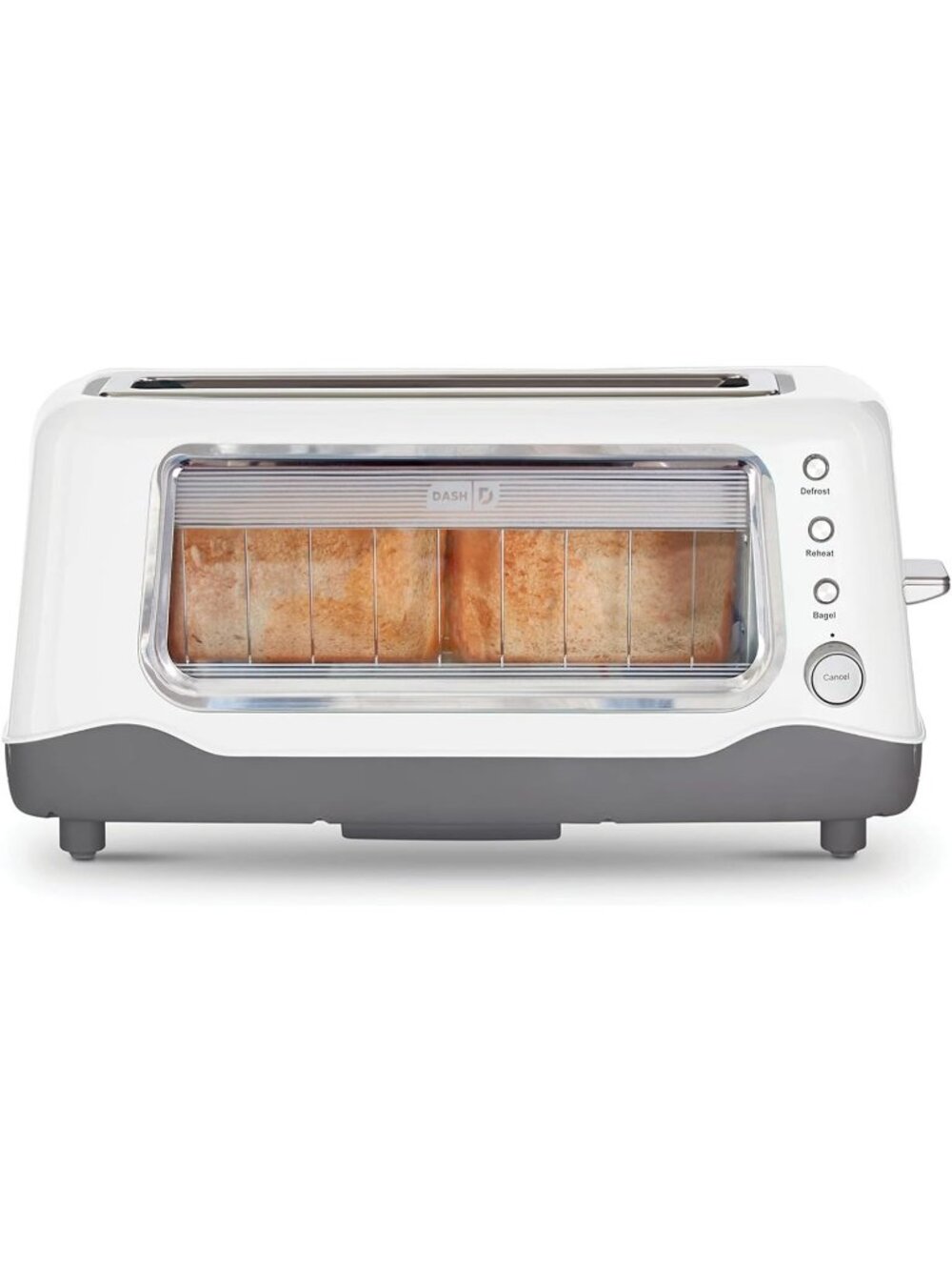 White Clear View Extra Wide Slot with See Through Window Reheat Baked Toaster